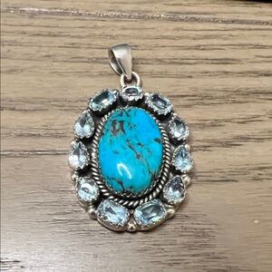 Kingman Turquoise and Blue Topaz Sterling Pendant